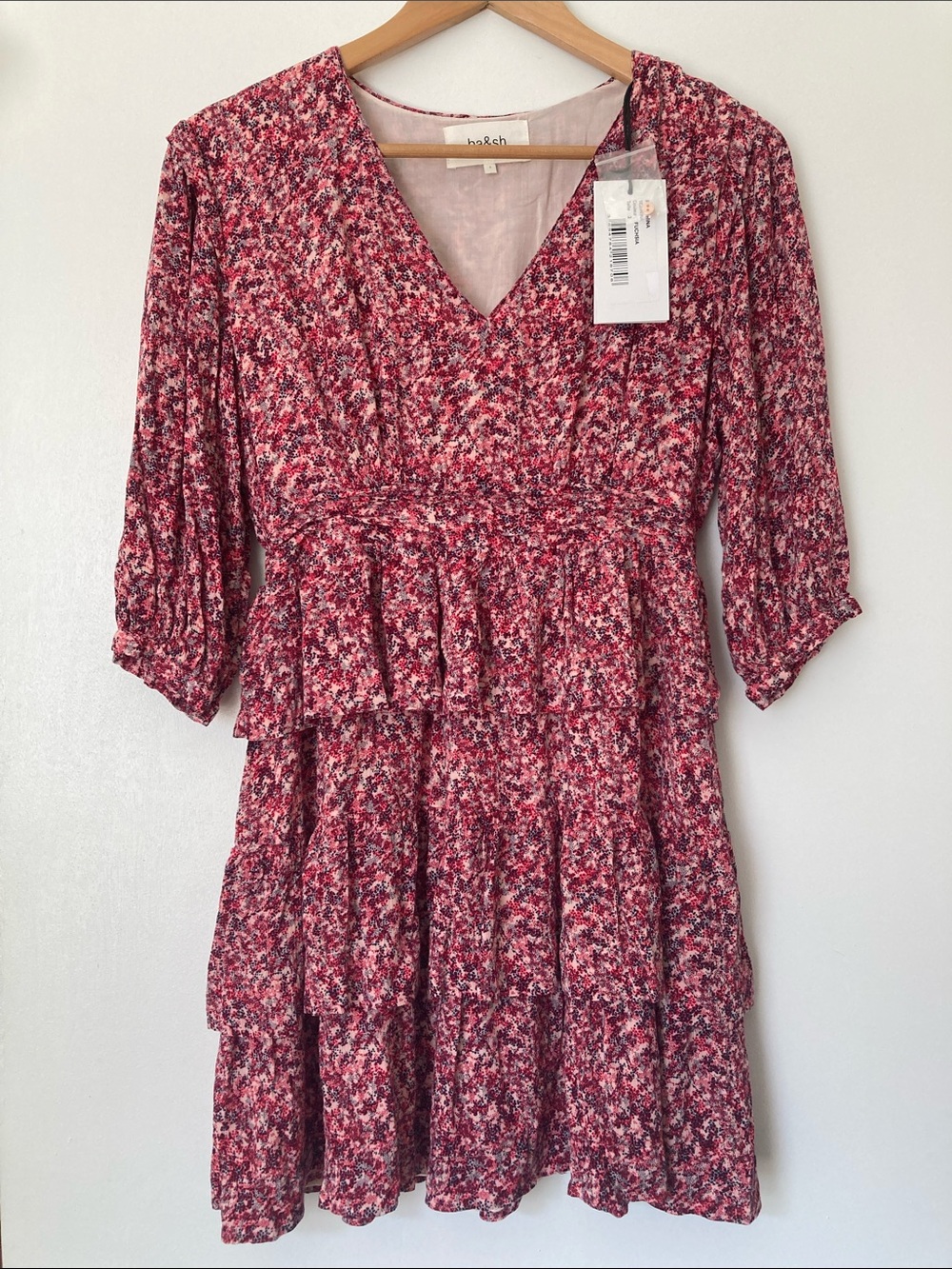ba&sh Nina Tiered Ruffle Mini Dress Floral Fuschia L - Picture 14 of 16